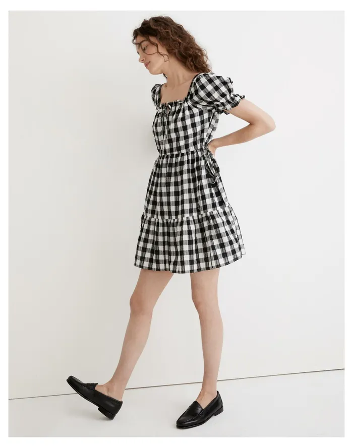 Women Square Neck Tiered Mini Dress In Gingham Seersucker True Black Madewell Dresses