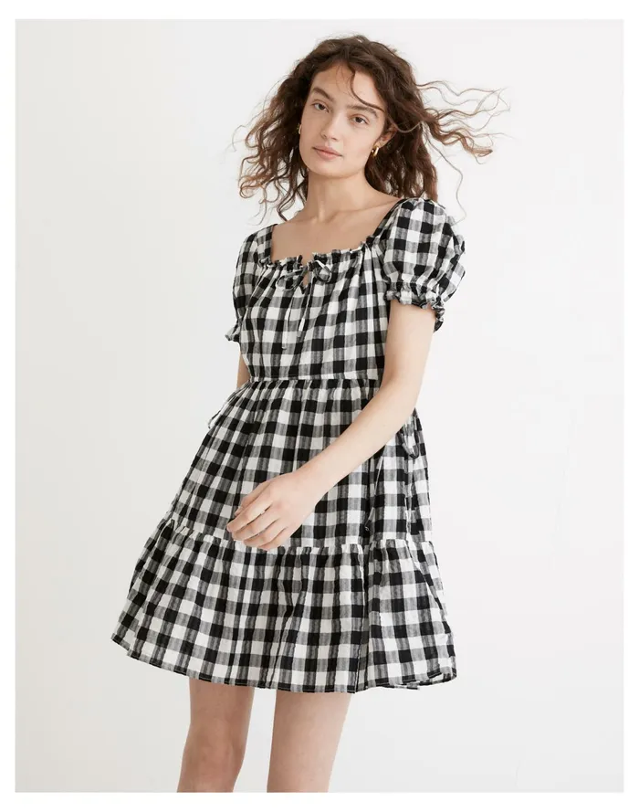 Women Square Neck Tiered Mini Dress In Gingham Seersucker True Black Madewell Dresses Women Square Neck Tiered Mini Dress In Gingham Seersucker True Black Madewell Dresses