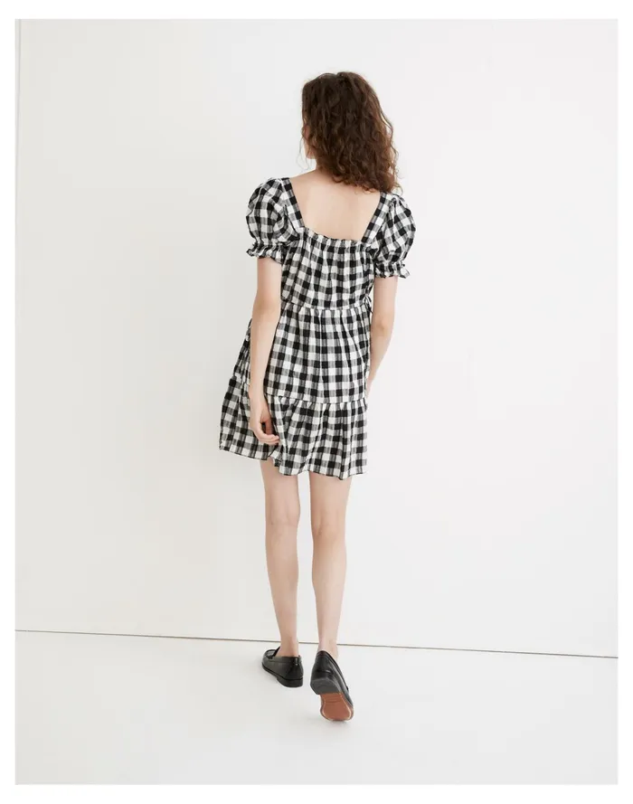 Women Square Neck Tiered Mini Dress In Gingham Seersucker True Black Madewell Dresses Women Square Neck Tiered Mini Dress In Gingham Seersucker True Black Madewell Dresses