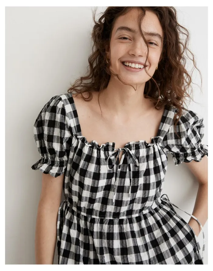 Women Square Neck Tiered Mini Dress In Gingham Seersucker True Black Madewell Dresses Women Square Neck Tiered Mini Dress In Gingham Seersucker True Black Madewell Dresses