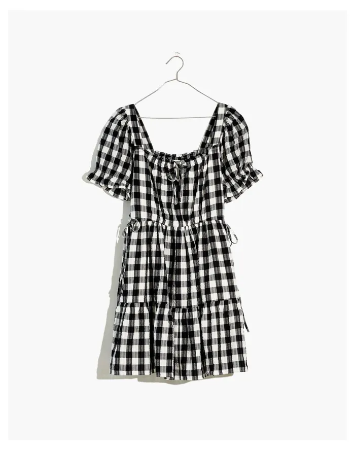 Women Square Neck Tiered Mini Dress In Gingham Seersucker True Black Madewell Dresses Women Square Neck Tiered Mini Dress In Gingham Seersucker True Black Madewell Dresses