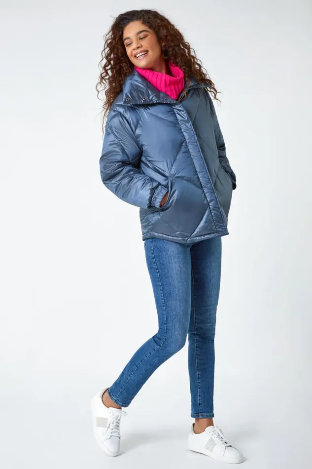 Women Steel Blue Diamond Quilted Puffer Coat Roman Coats