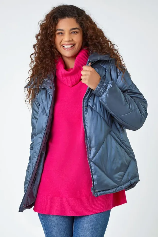 Women Steel Blue Diamond Quilted Puffer Coat Roman Coats