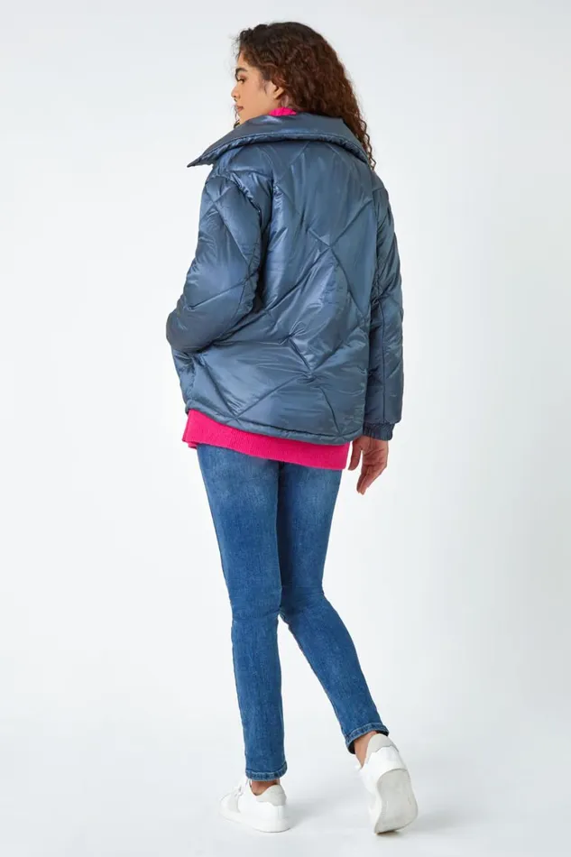 Women Steel Blue Diamond Quilted Puffer Coat Roman Coats