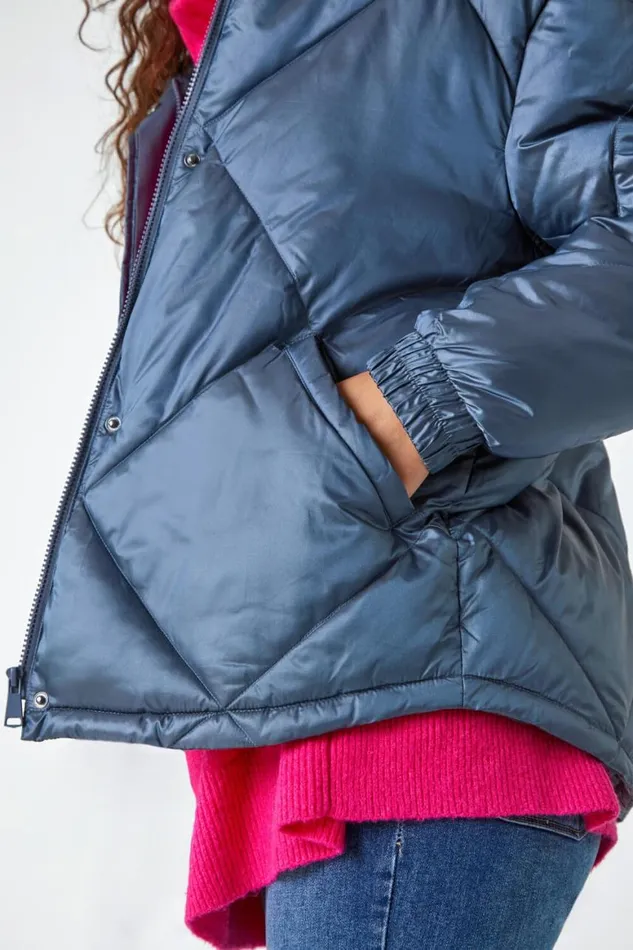 Women Steel Blue Diamond Quilted Puffer Coat Roman Coats