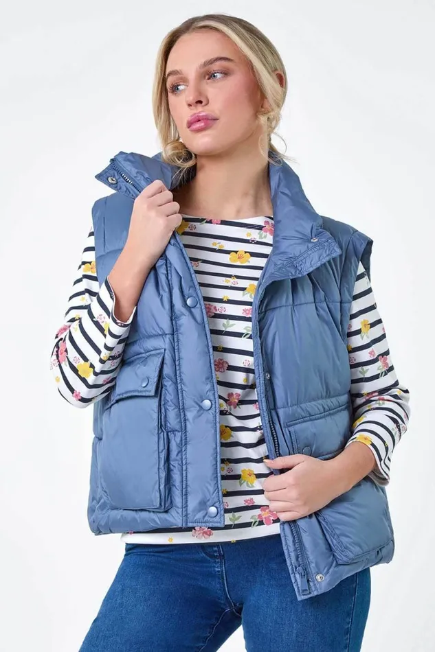 Women Steel Blue Pocket Detail Quilted Gilet Roman Coats