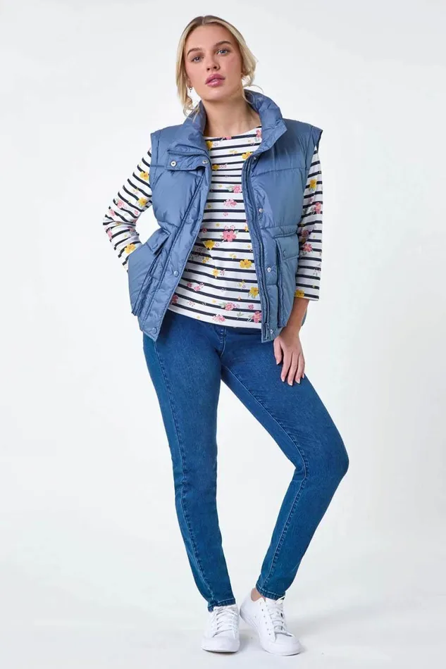 Women Steel Blue Pocket Detail Quilted Gilet Roman Coats