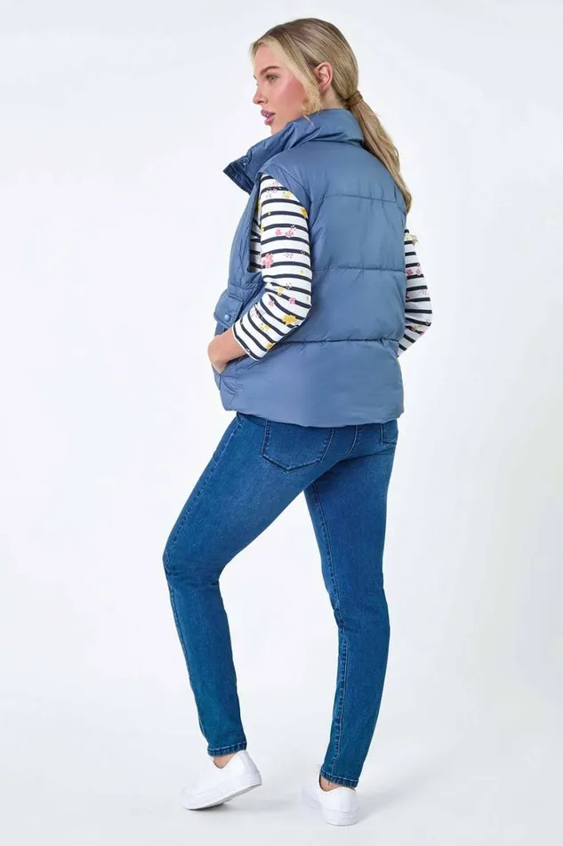Women Steel Blue Pocket Detail Quilted Gilet Roman Coats