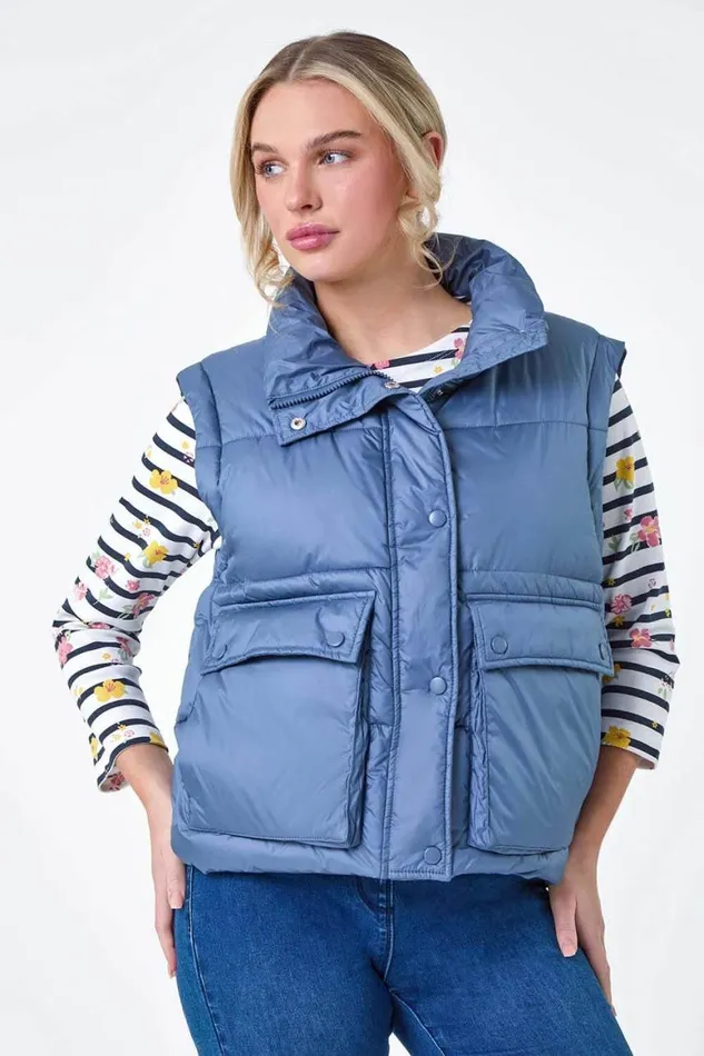 Women Steel Blue Pocket Detail Quilted Gilet Roman Coats