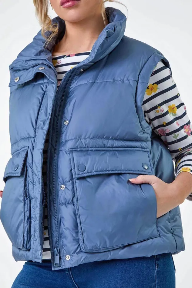 Women Steel Blue Pocket Detail Quilted Gilet Roman Coats