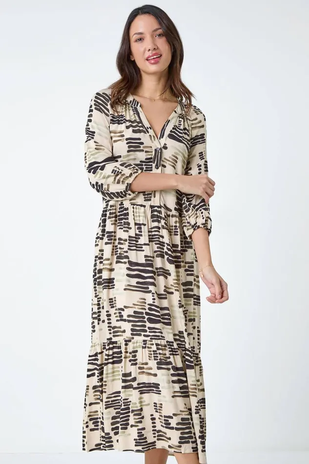 Women Stone Abstract Print Tiered Shirt Dress Roman Dresses