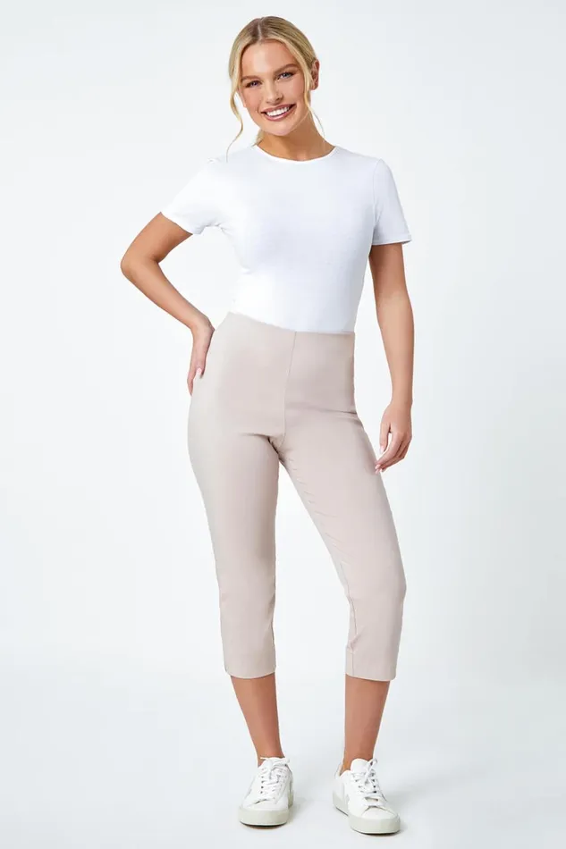 Women Stone Petite Elastic Waist Stretch Cropped Trouser Roman Trousers