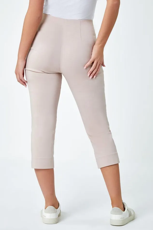Women Stone Petite Elastic Waist Stretch Cropped Trouser Roman Trousers
