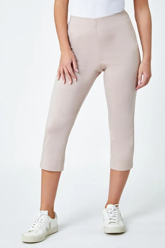 Women Stone Petite Elastic Waist Stretch Cropped Trouser Roman Trousers