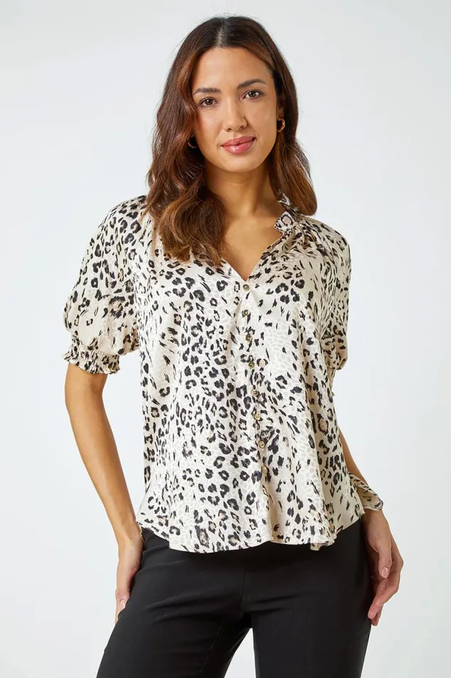 Women Stone Puff Sleeve Animal Print Blouse Roman Tops