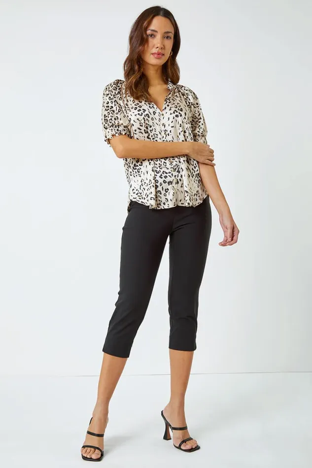 Women Stone Puff Sleeve Animal Print Blouse Roman Tops