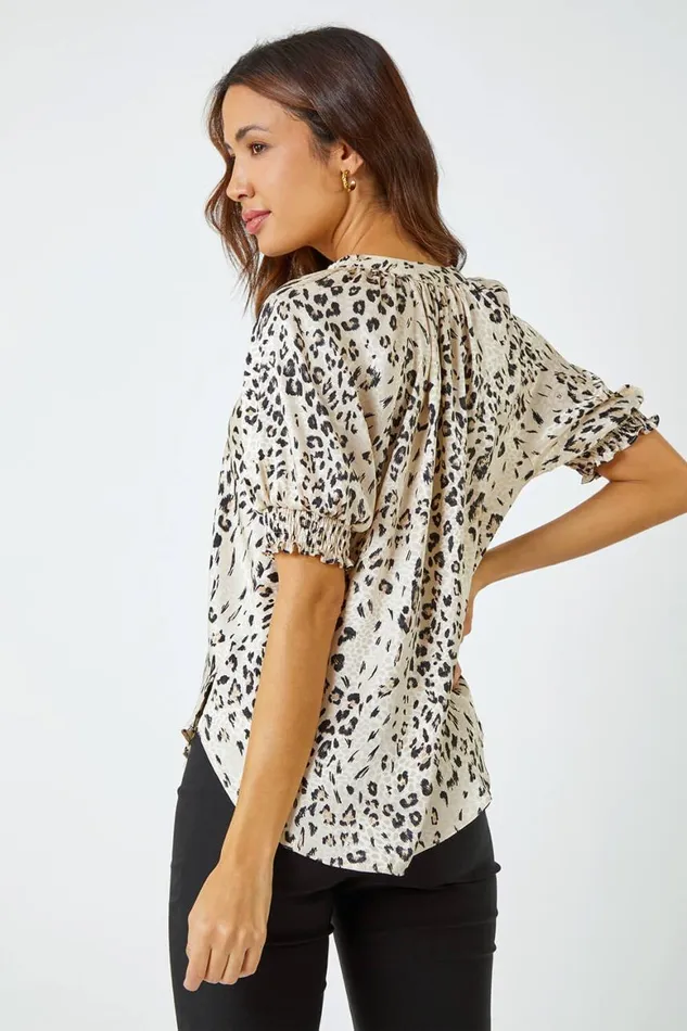 Women Stone Puff Sleeve Animal Print Blouse Roman Tops