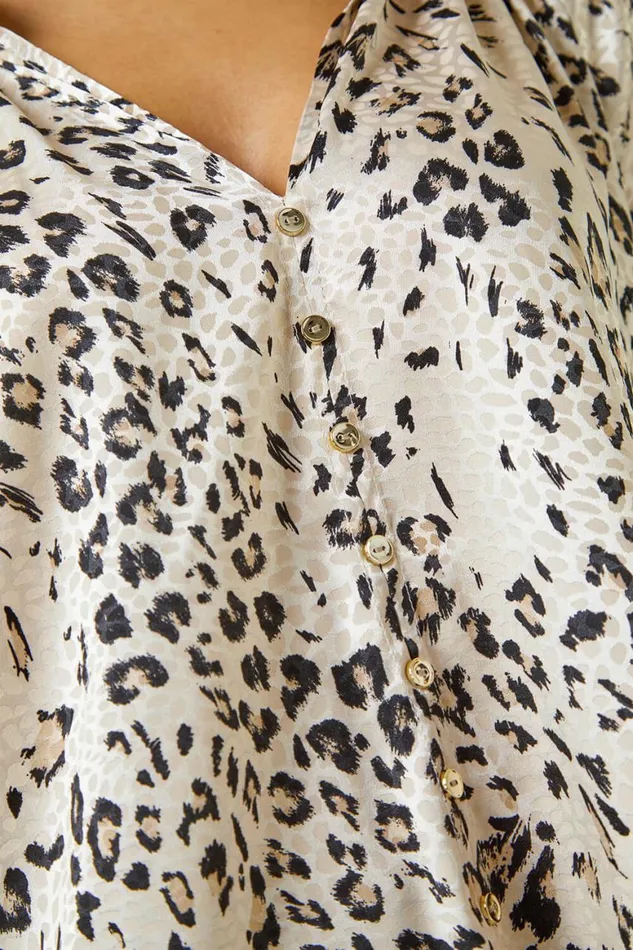 Women Stone Puff Sleeve Animal Print Blouse Roman Tops