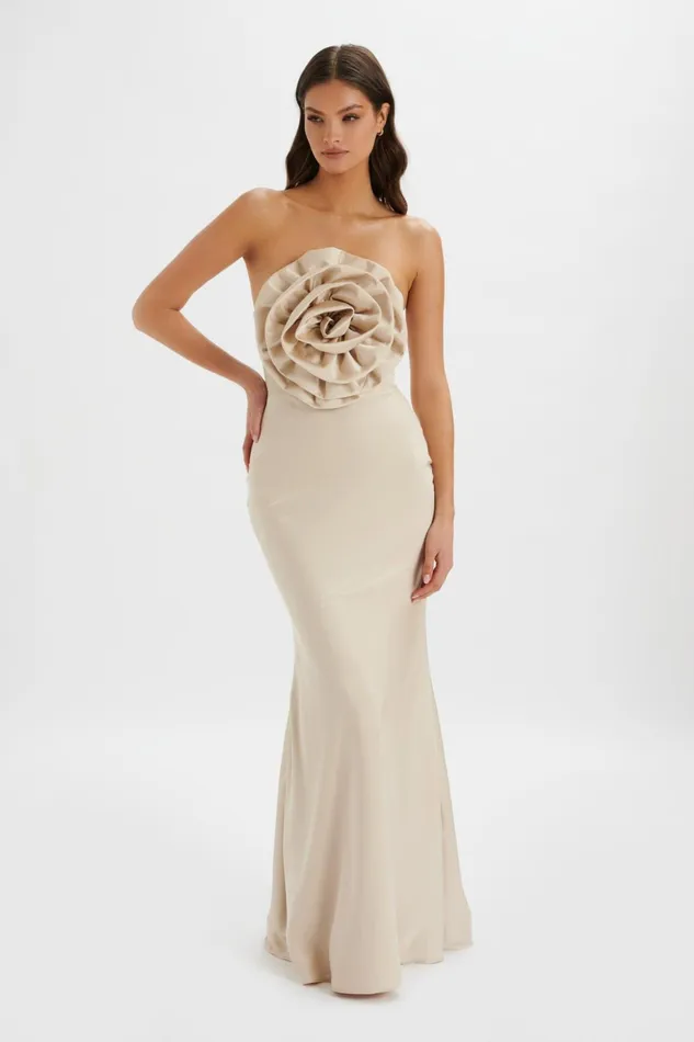 Women Strapless and Bandeau Dresses Lavish Alice DALIA 3D Flower Bandeau Maxi Dress In Champagne Champagne