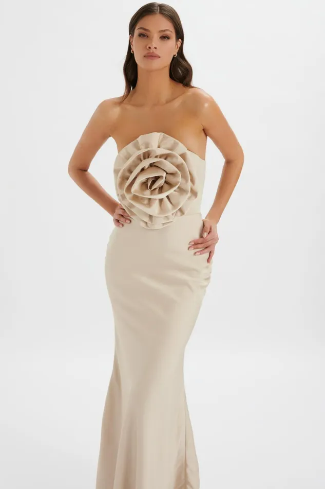 Women Strapless and Bandeau Dresses Lavish Alice DALIA 3D Flower Bandeau Maxi Dress In Champagne Champagne