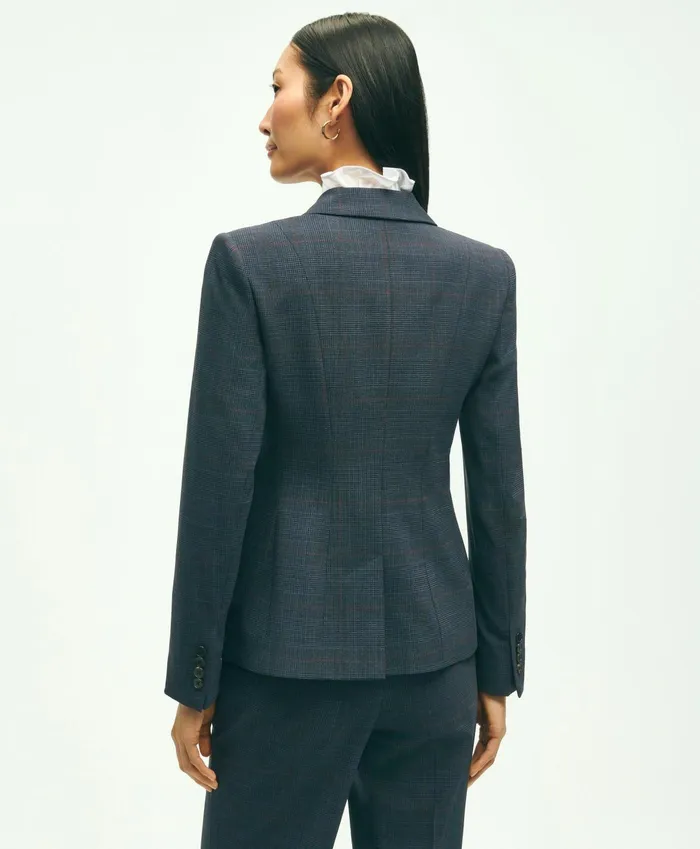 Women Stretch Wool Glenn Plaid Jacket Navy Brooks Brothers Blazers