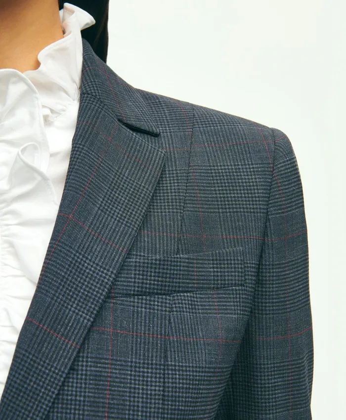 Women Stretch Wool Glenn Plaid Jacket Navy Brooks Brothers Blazers