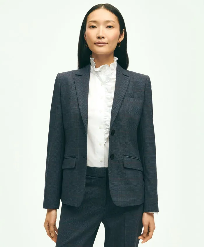 Women Stretch Wool Glenn Plaid Jacket Navy Brooks Brothers Blazers