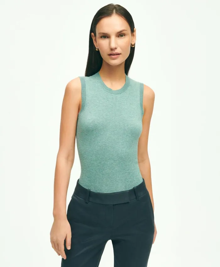 Women Supima Cotton Shell Green Heather Brooks Brothers Sweaters