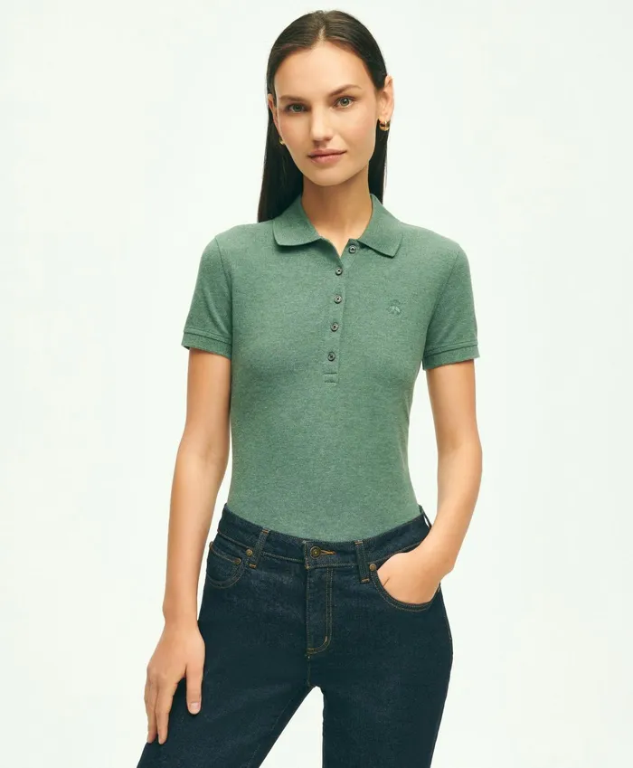 Women Supima Cotton Stretch Pique Polo Shirt Dark Green Heather Brooks Brothers Blouses and Shirts