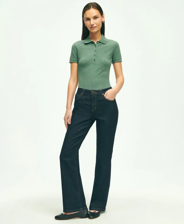 Women Supima Cotton Stretch Pique Polo Shirt Dark Green Heather Brooks Brothers Blouses and Shirts