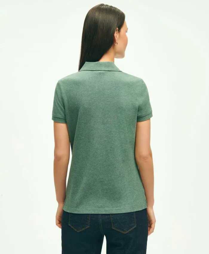 Women Supima Cotton Stretch Pique Polo Shirt Dark Green Heather Brooks Brothers Blouses and Shirts