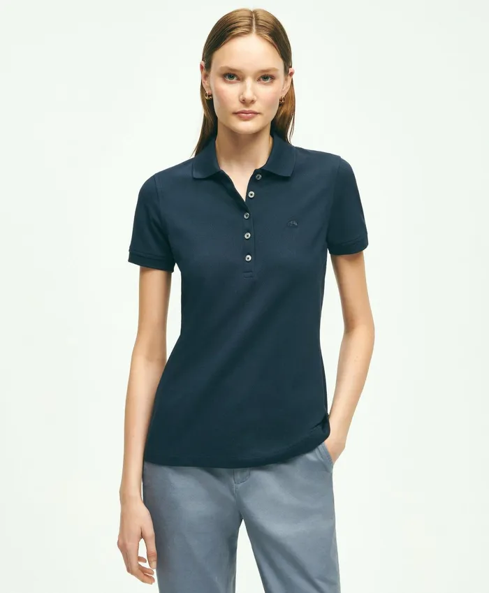 Women Supima Cotton Stretch Pique Polo Shirt Navy Brooks Brothers Blouses and Shirts