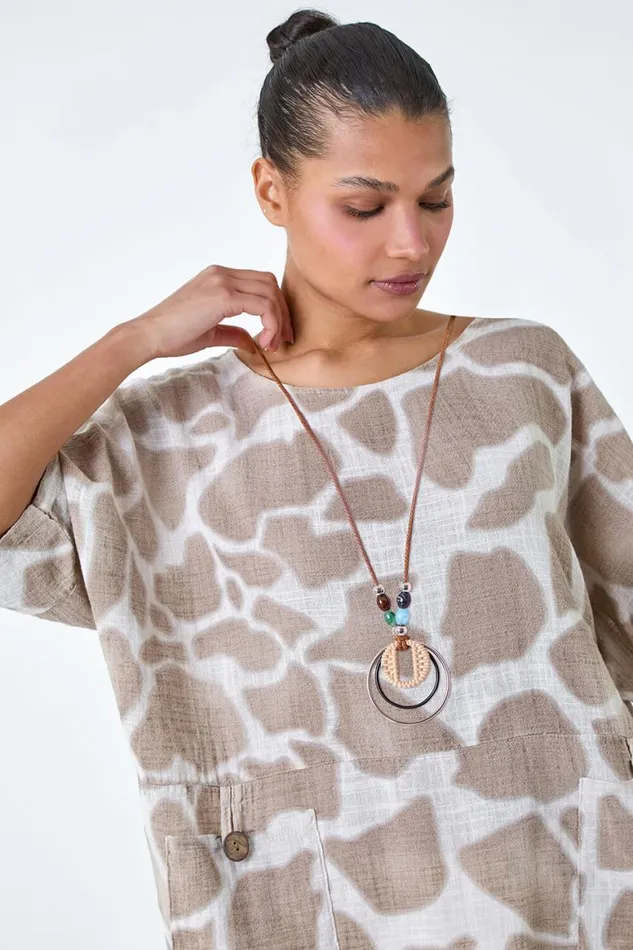 Women Taupe Animal Print Cotton Top And Necklace Roman Tops