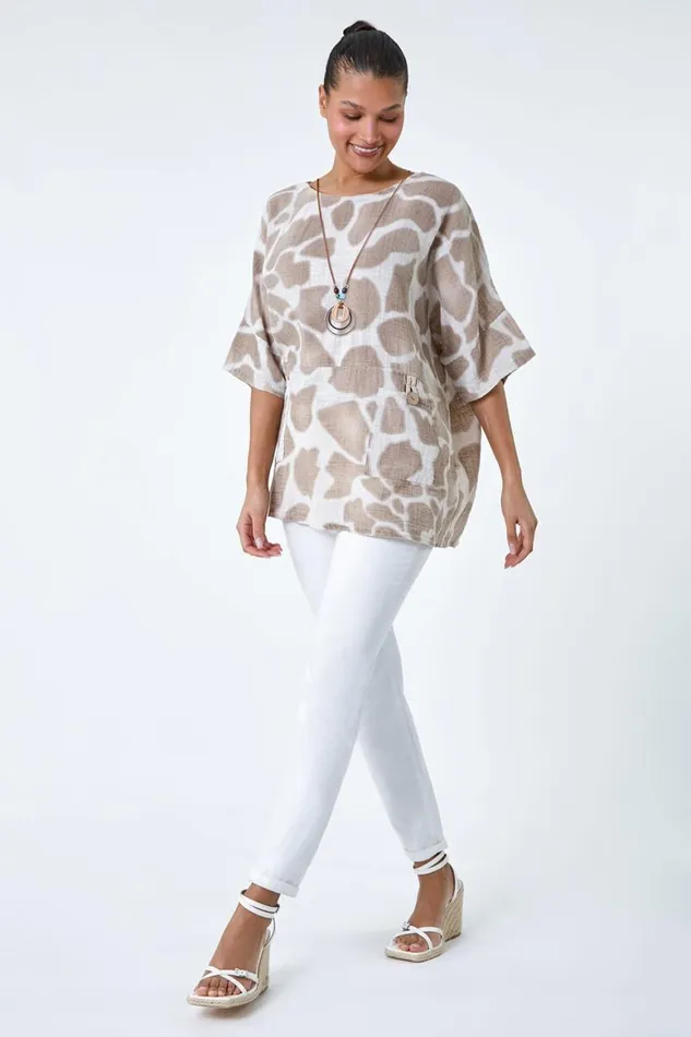 Women Taupe Animal Print Cotton Top And Necklace Roman Tops