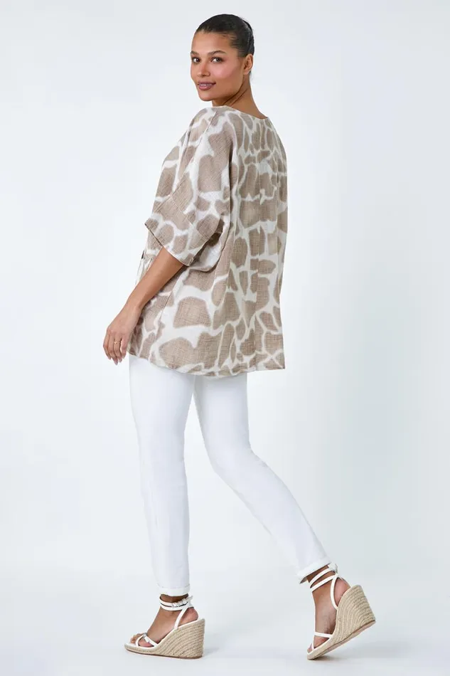 Women Taupe Animal Print Cotton Top And Necklace Roman Tops