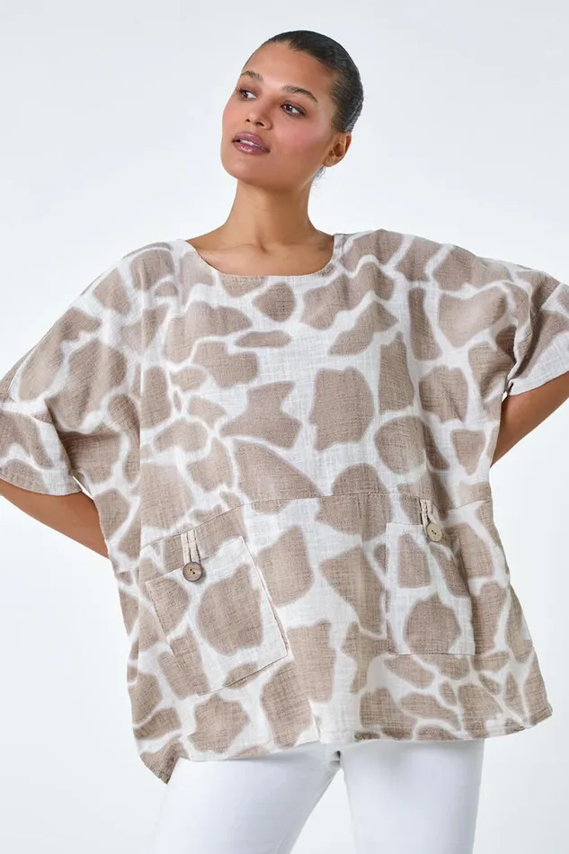 Women Taupe Animal Print Cotton Top And Necklace Roman Tops