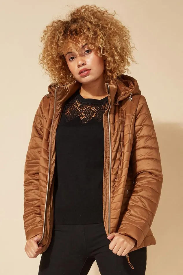 Women Taupe Hooded Zip Through Padded Coat Roman Coats