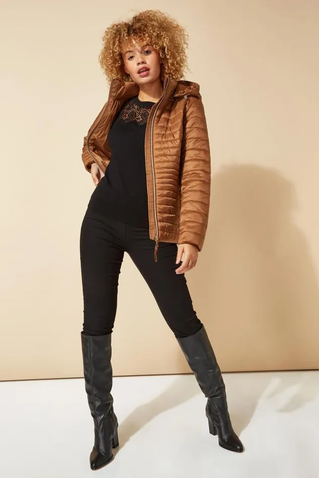 Women Taupe Hooded Zip Through Padded Coat Roman Coats