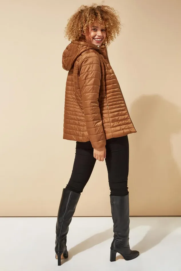 Women Taupe Hooded Zip Through Padded Coat Roman Coats