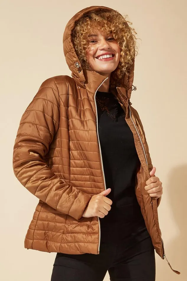 Women Taupe Hooded Zip Through Padded Coat Roman Coats