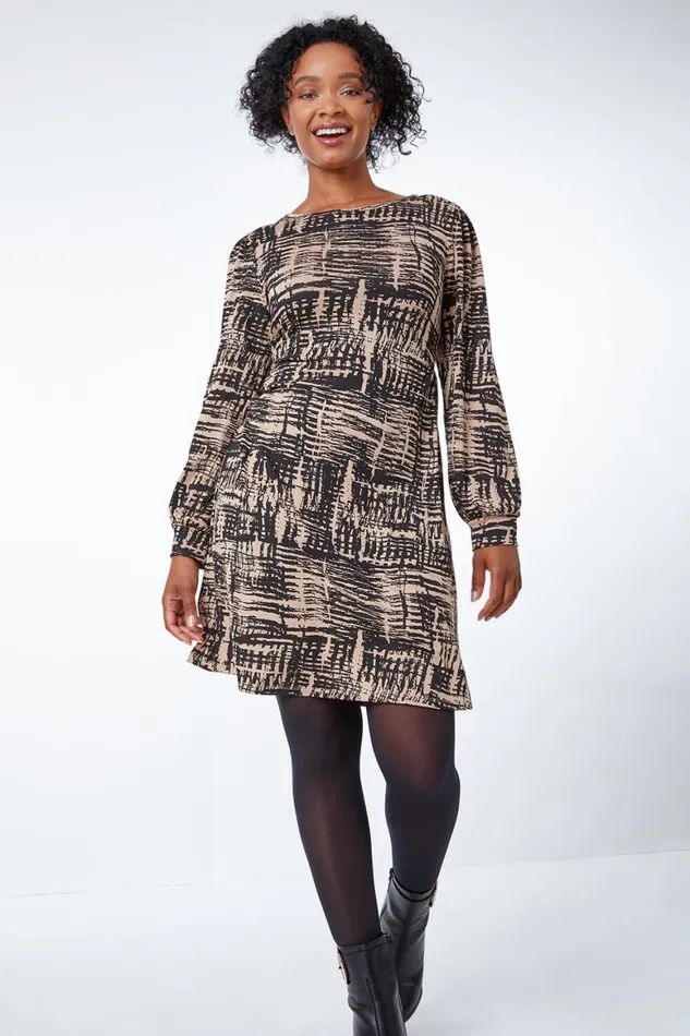 Women Taupe Petite Abstract Print Fit and Flare Dress Roman Dresses