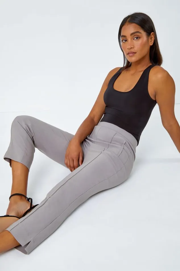 Women Taupe Seam Detail Elastic Waist Cropped Trousers Roman Trousers