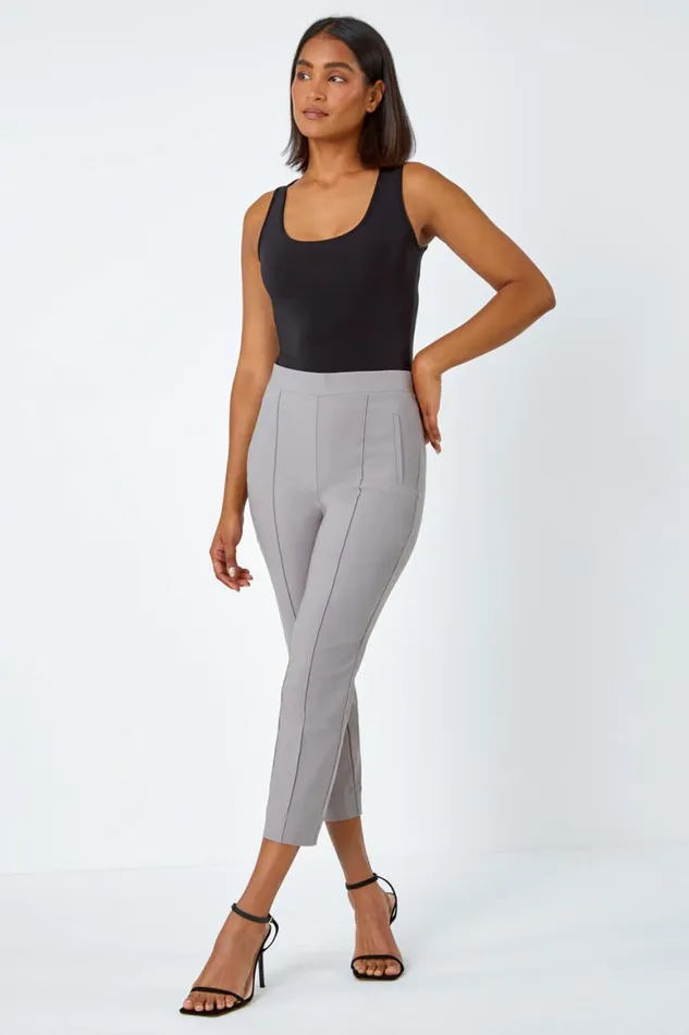 Women Taupe Seam Detail Elastic Waist Cropped Trousers Roman Trousers
