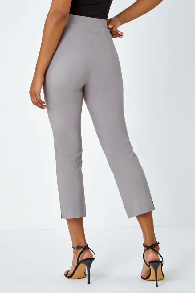 Women Taupe Seam Detail Elastic Waist Cropped Trousers Roman Trousers
