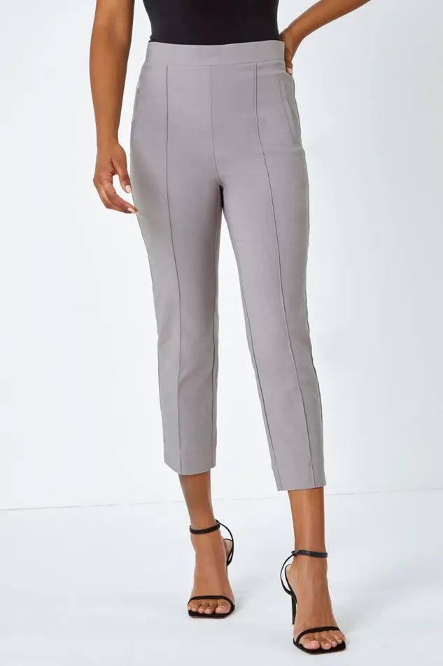 Women Taupe Seam Detail Elastic Waist Cropped Trousers Roman Trousers