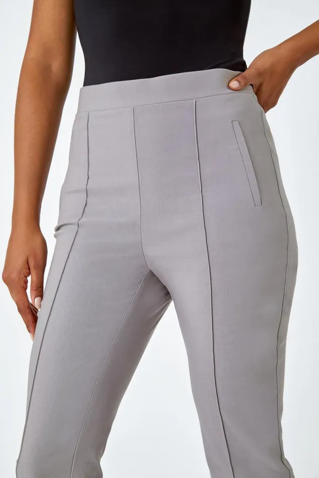 Women Taupe Seam Detail Elastic Waist Cropped Trousers Roman Trousers