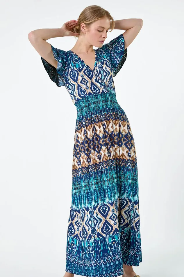 Women Teal Aztec Print Shirred Stretch Maxi Dress Roman Dresses