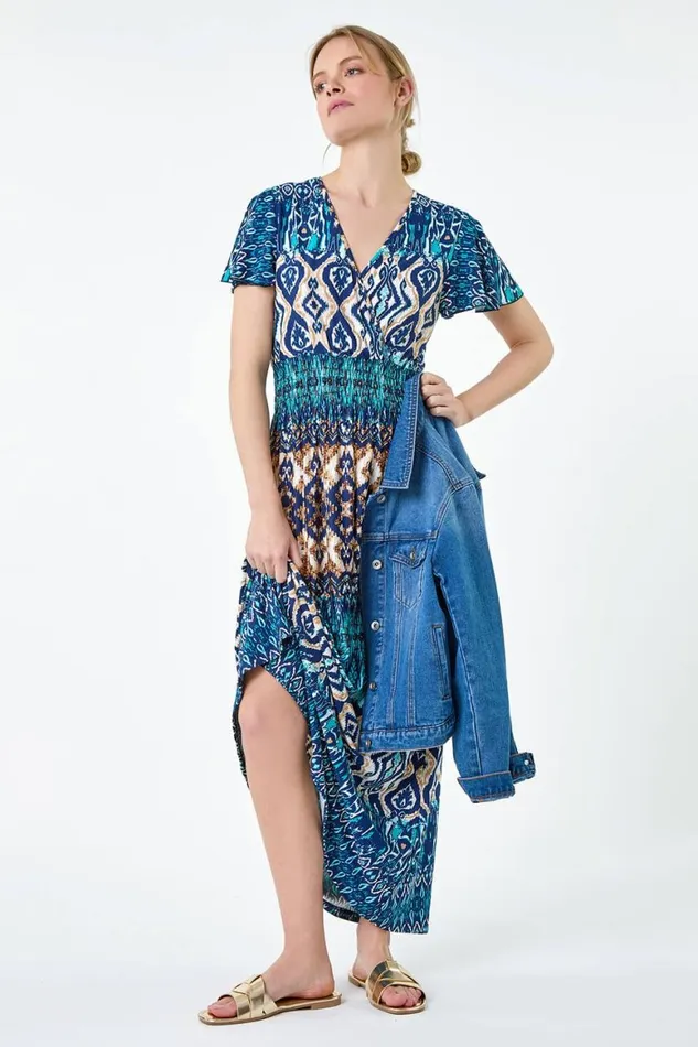 Women Teal Aztec Print Shirred Stretch Maxi Dress Roman Dresses