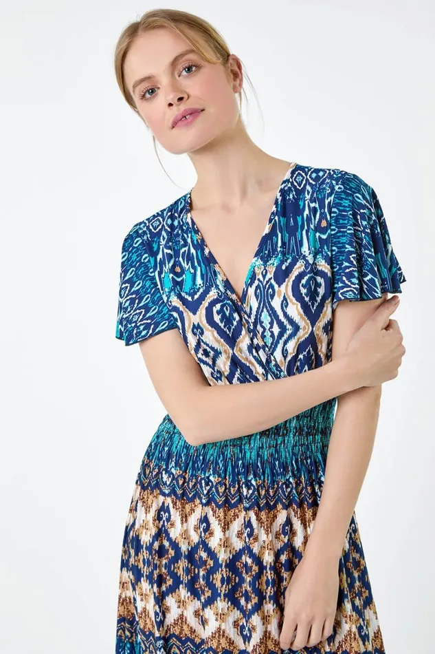 Women Teal Aztec Print Shirred Stretch Maxi Dress Roman Dresses