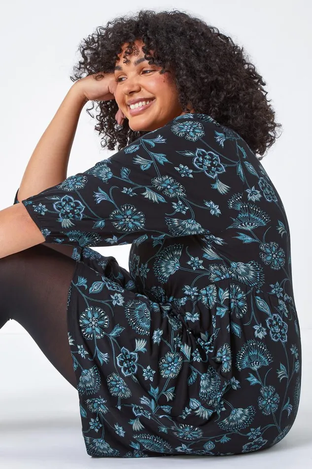 Women Teal Curve Floral Print Smock Stretch Dress Roman Dresses